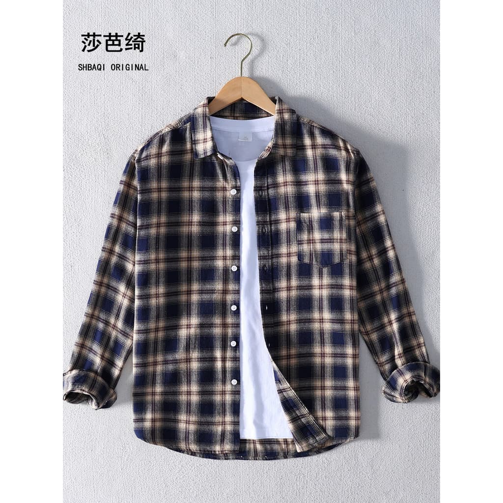 Primavera outono novo estilo xadrez camisa de manga comprida masculina na moda puro algodão polegada camisa juventude Ca