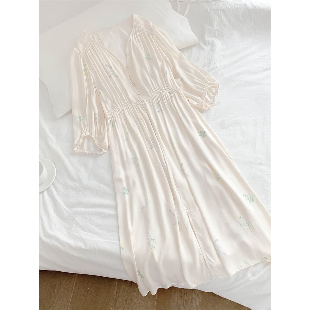 Bonito ~ alta qualidade cetim algodão seda pijamas feminino fresco simples elegante fino high-End Super longo verão cami