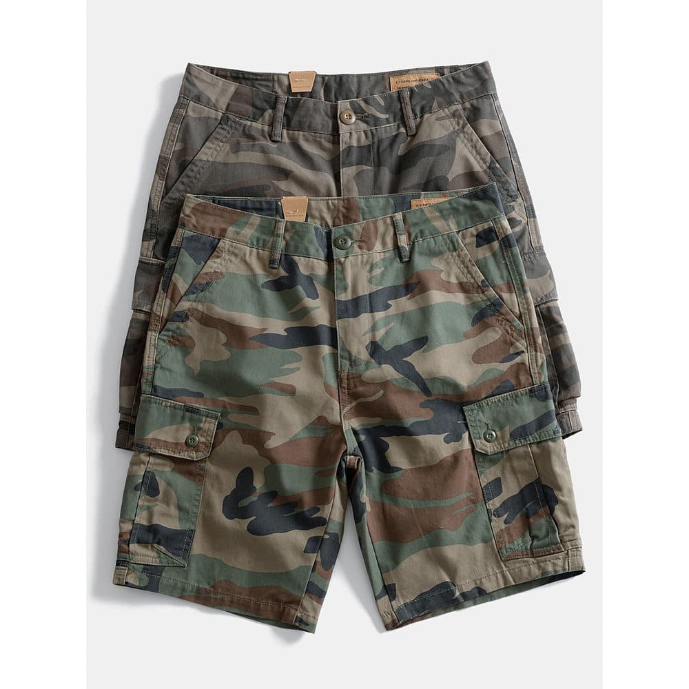 Pesado puro algodão solto americano Multi-saco macacão Shorts Retro masculino Casual calças de cinco pontos camuflagem r