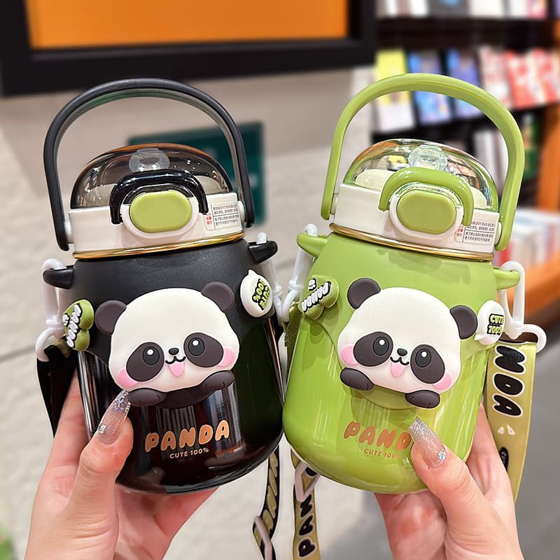 Copo térmico de Panda de desenho animado, novo estilo, crianças, estudantes, escola, copo de palha especial, portátil, c