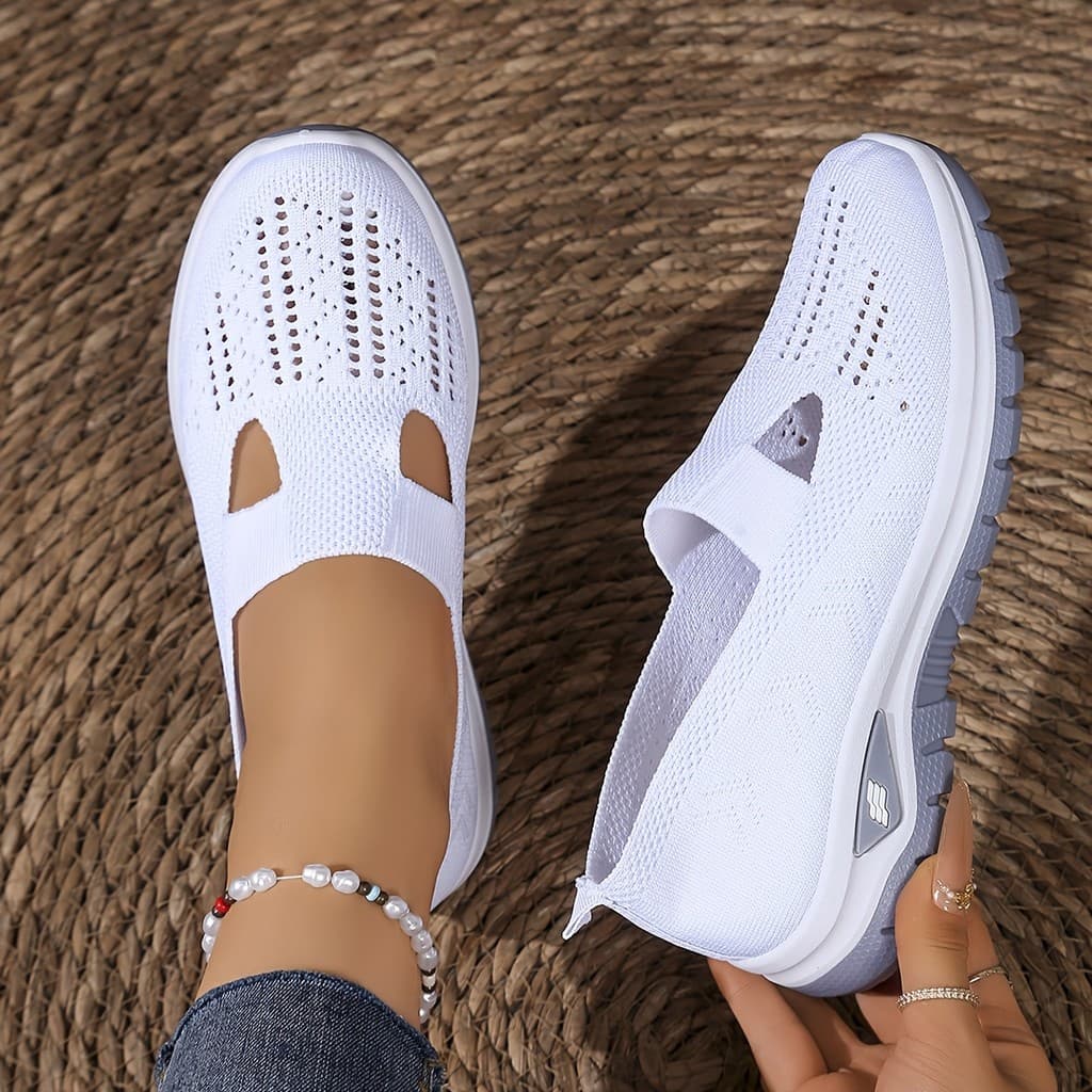 Tênis Brancos Elegantes para Mulheres - Calçados Casuais Leves e Respiráveis com Bico Redondo, Apresentando Suporte para