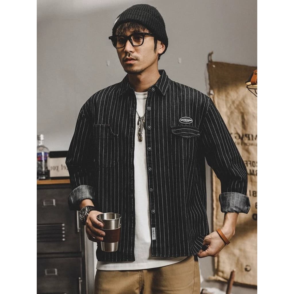 Americano Retro caça roupas listrado camisa jaqueta masculina primavera outono na moda rufião bonito solto ferramentas D
