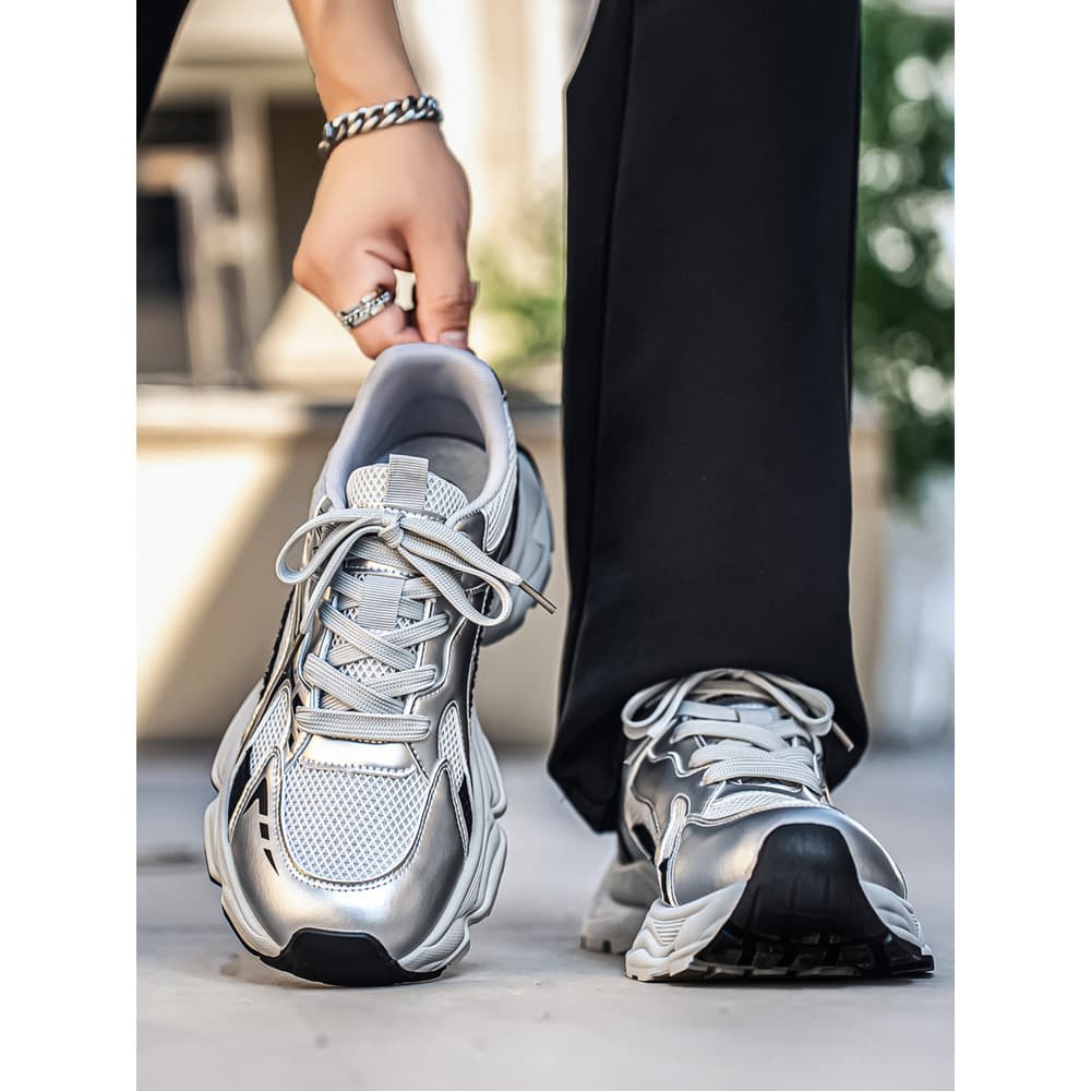 Puxar para trás sapatos masculinos papai sapatos masculinos 2025 novo estilo respirável tênis de corrida masculino prata