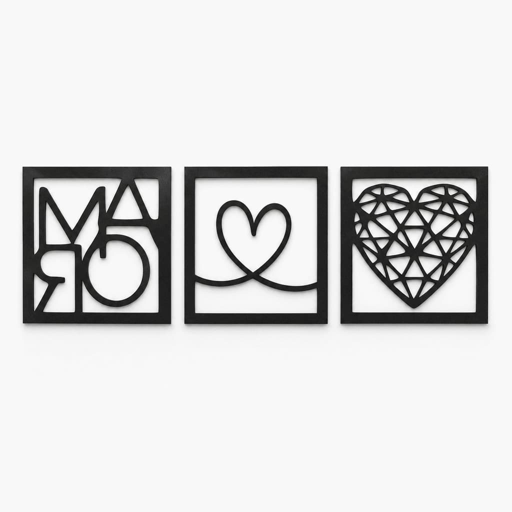 Kit 3 Quadros Decorativos Mãe Coração MDF Preto 3mm Para Sala Quarto Parede 30x30 e 15x15 Moderno Minimalista