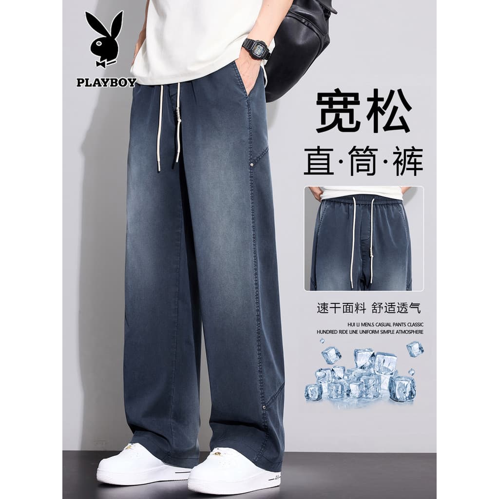 Playboy Lyocell Tencel Jeans Masculino Verão Fino Americano Retro Gradiente Solto Calças Casuais Retas