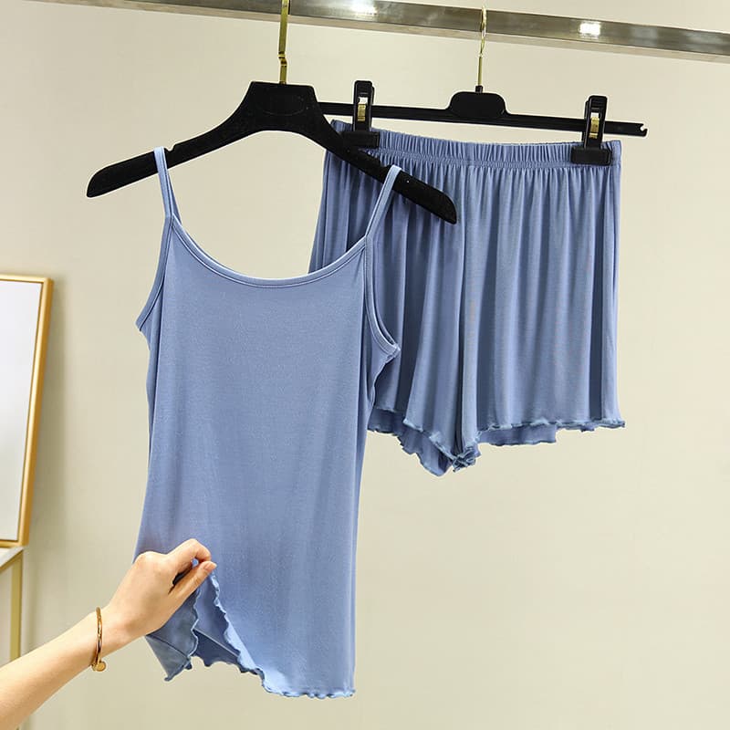 Primavera verão Modal estilingue feminino babados interior tamanho grande pijamas conjunto solto casa colete Shorts conj