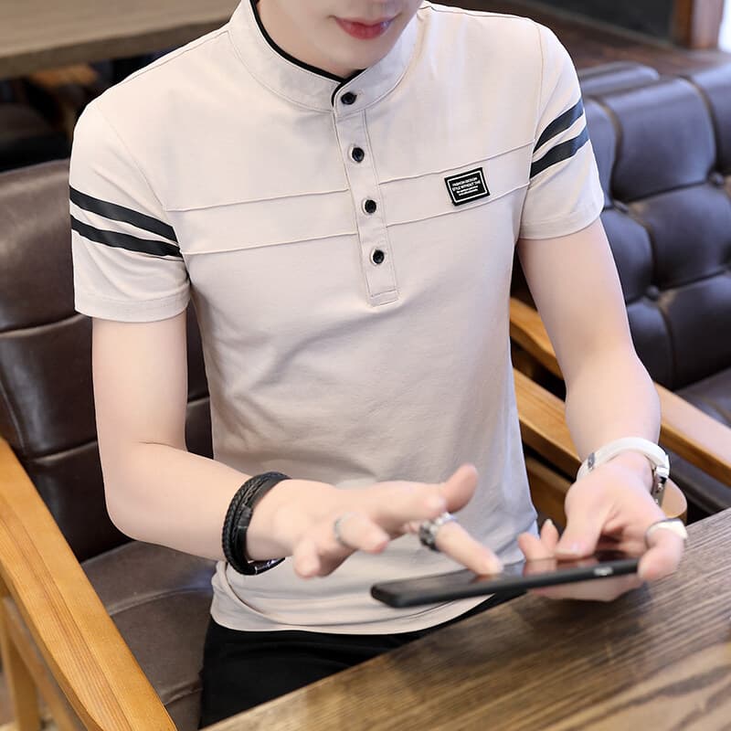 Camiseta de manga curta masculina gola alta novo estilo verão Casual versão coreana magro-ajuste na moda puro algodão Co