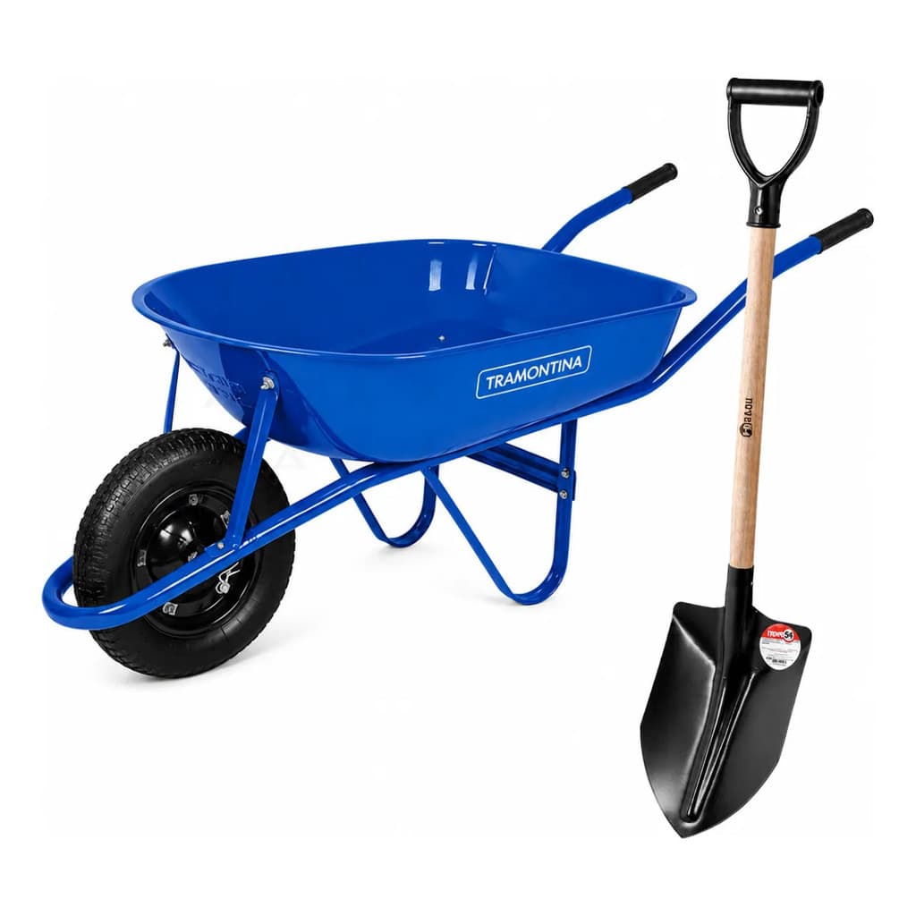 Kit Carrinho De Mão Reforçado De Obra 50l Tramontina + Pá De Bico - Pedreiro Construção Jardim