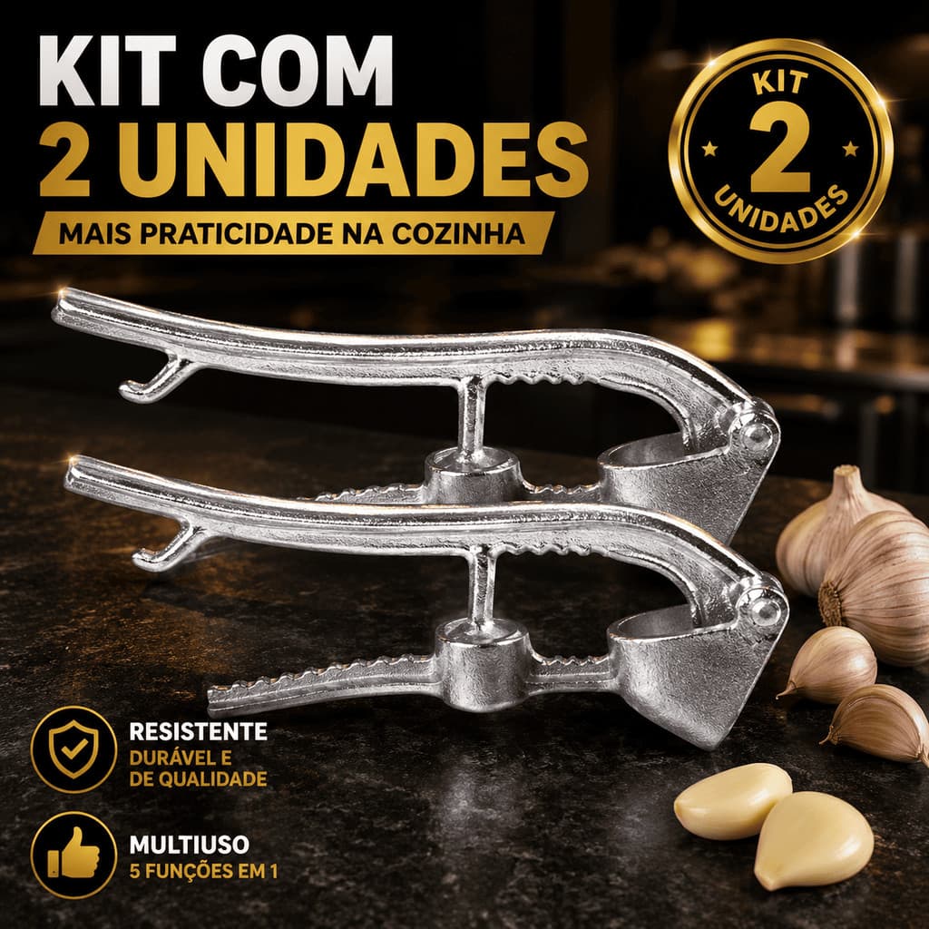 Kit 2 Unidades Espremedor de Alho 14,5cm Alumínio Multiuso Prensa 5 em 1 Manual Amassador Multifuncional Azeitonas Nozes