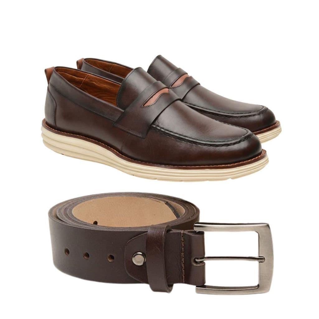 Kit Sapato Marrom Masculino Loafer Couro Legítimo + Cinto Social