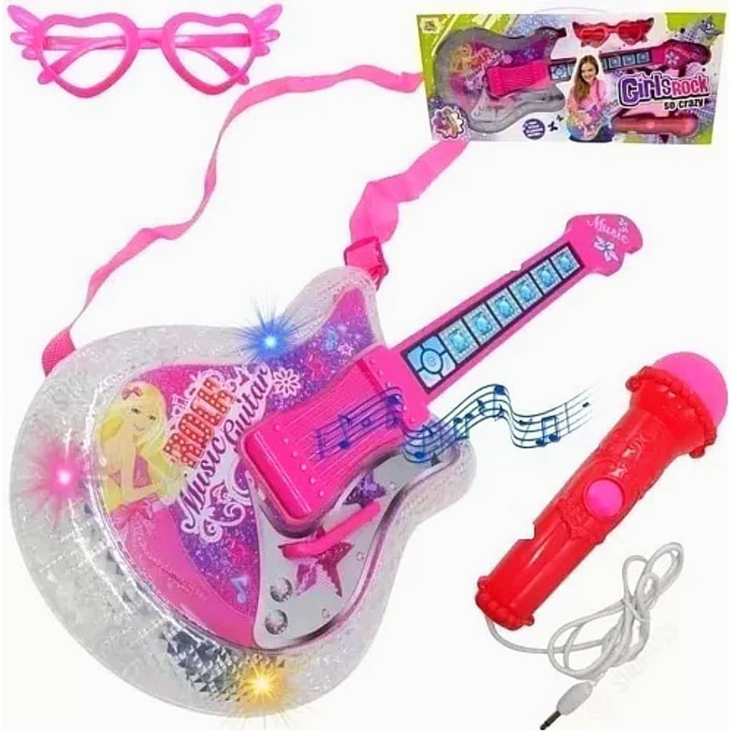 Brinquedo Infantil Guitarra Menina Rock Com Microfone e Óculos Rosa Infantil Emite Som e Luzes