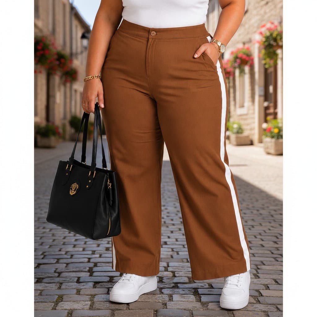 Calça Feminina Marrom Cós Alto Reta Faixa Lateral Bolsos Casual Elegante Moderna Alfaiataria Moda