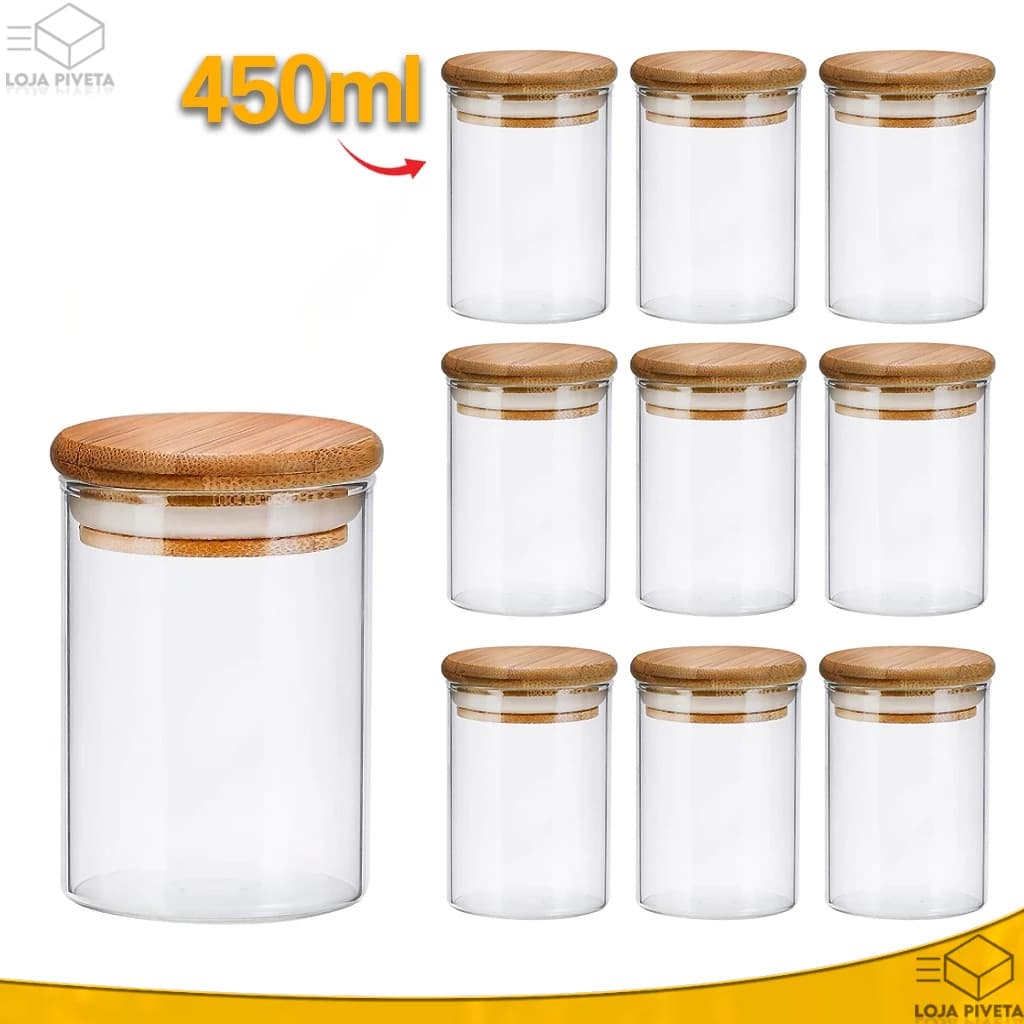 Kit 3/6/10 Pote Hermético Vidro 450ml Redondo Com Tampa de Bambu Tempero Condimentos Grãos Cozinha