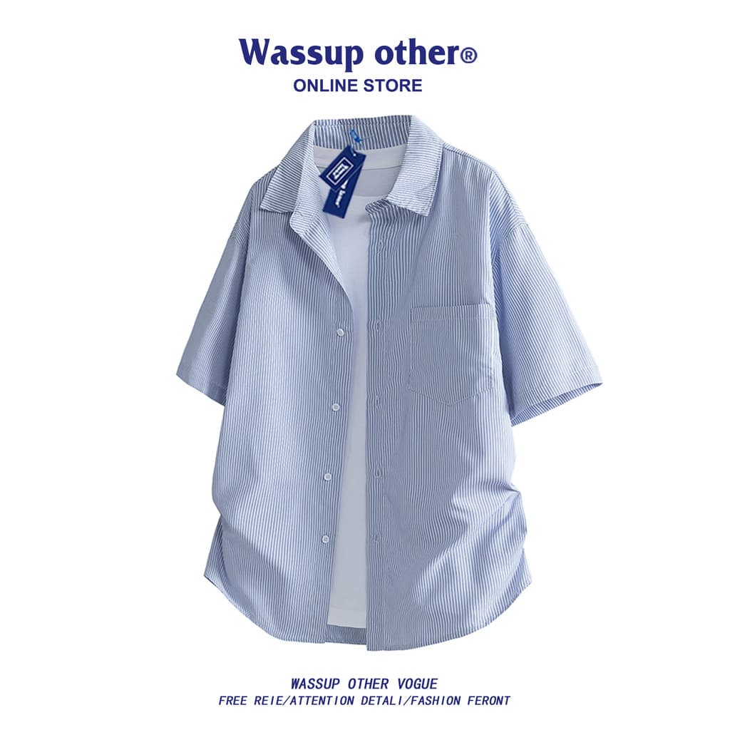 WASSUP OUTRO Americano Simples Novo Estilo Listrado Camisa de Manga Curta Masculina Verão Solto Camisa de Lapela Casual