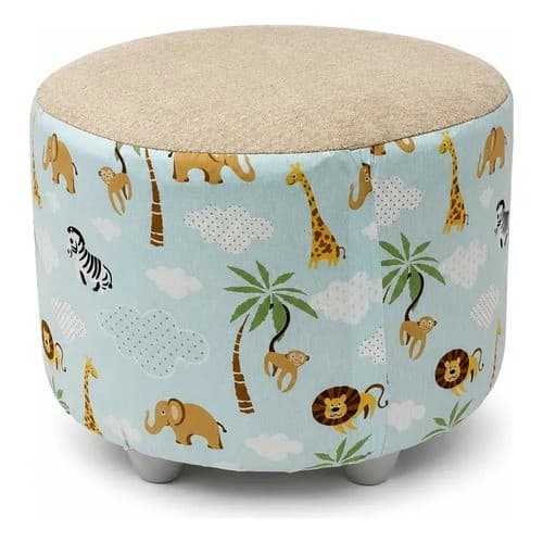 Puff Infantil Redondo Safari Banqueta Estofada Rosa Azul ou Marrom 120kg