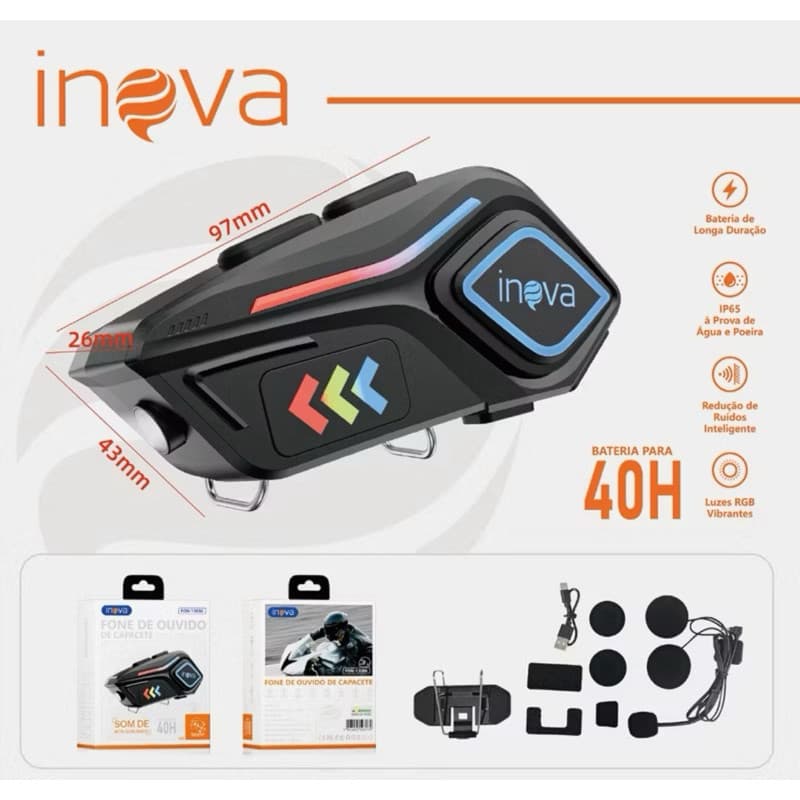 INOVA Fone Bluetooth Capacete 40H Bateria IP65 Alto Falante 40mm RGB Intercomunicador Moto FON-13086
