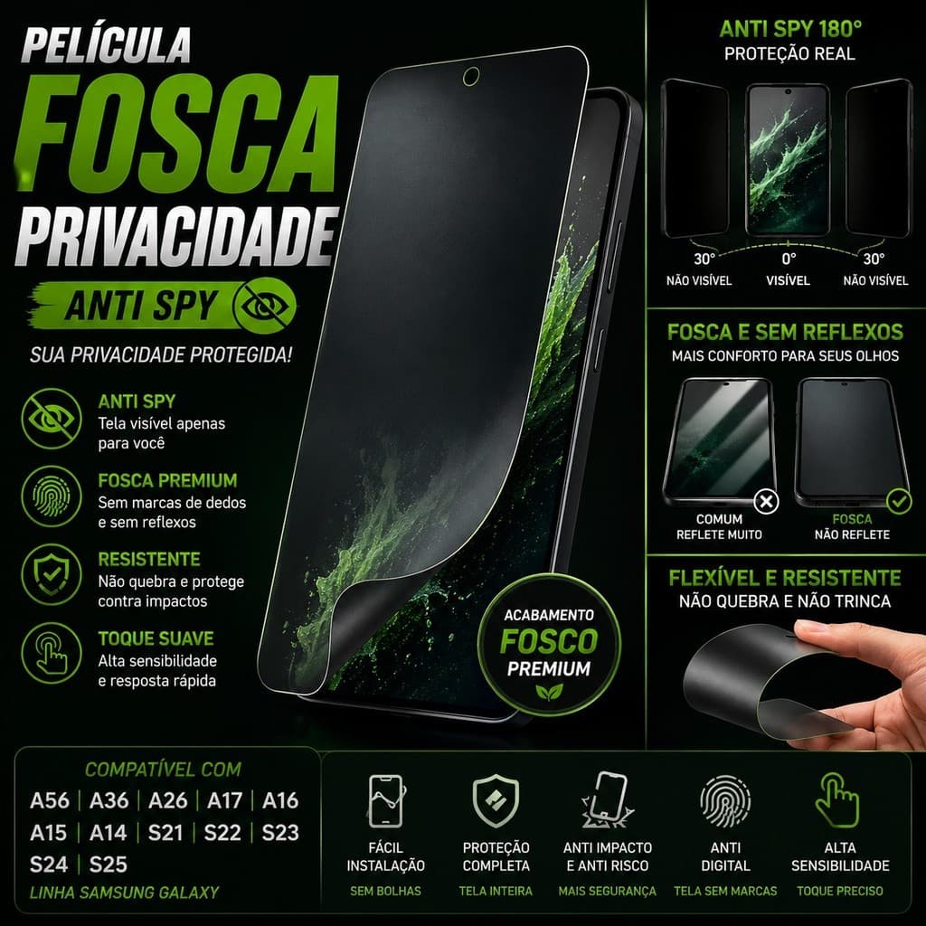 Película Privacidade Fosca Cerâmica Anti Spy Samsung A56 A36 A26 S21 S25