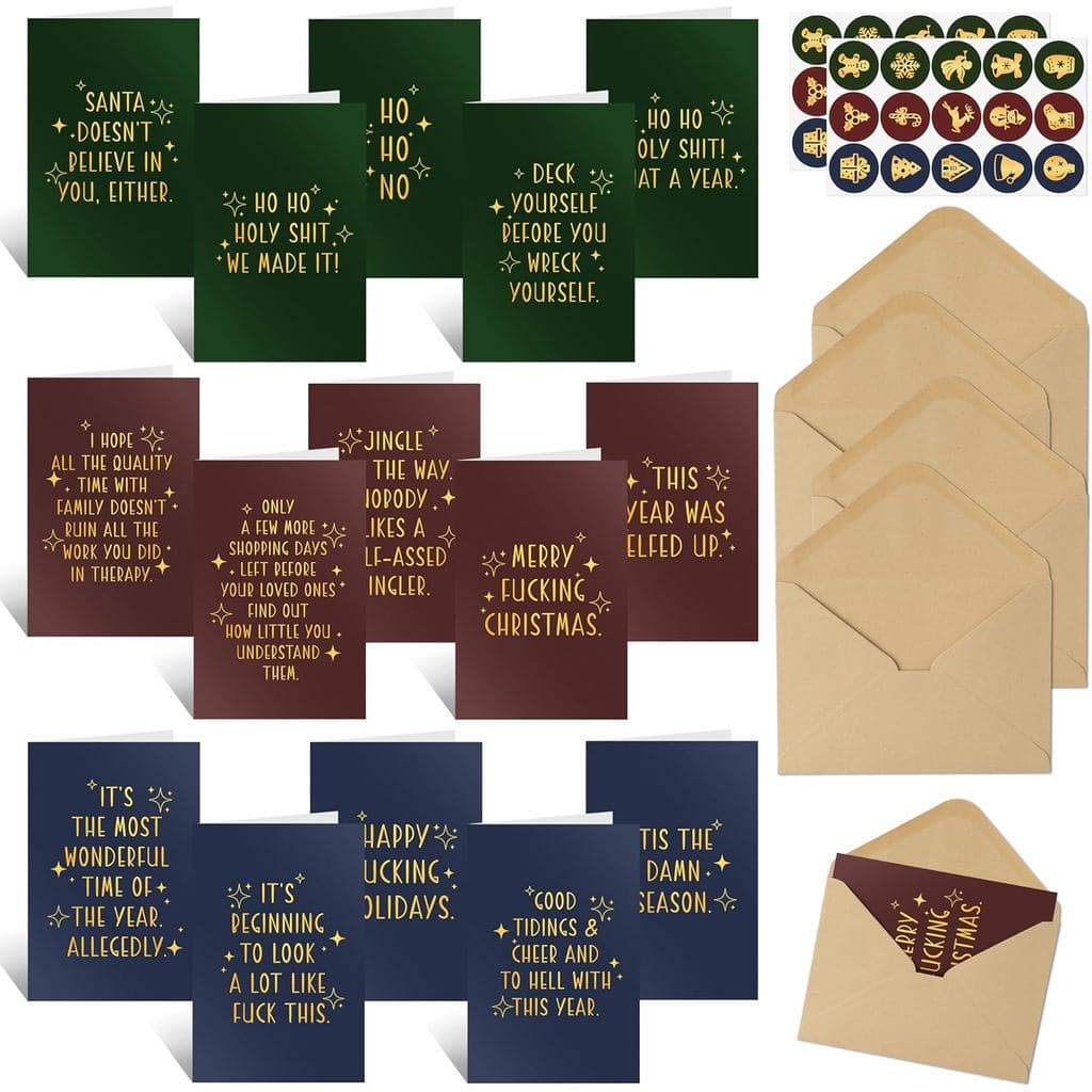 Pacote com 30 Cartões de Natal Engraçados em Papel Metalizado Dourado, em Caixa com Envelopes e Adesivos, Conjunto de Ca