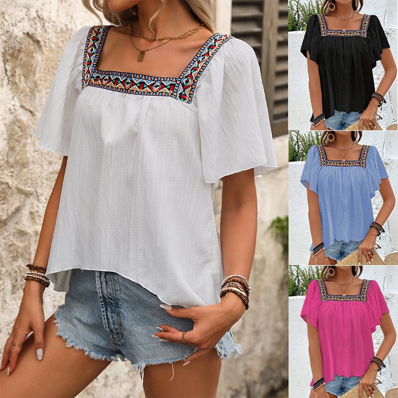 Camisa Feminina Moda Blusa Europeia E Americana Verão Renda Falsa Bordada Gola Quadrada Pulôver