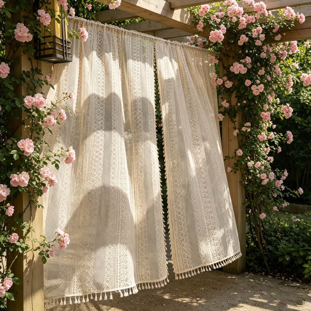 2 Painéis Boho Outdoor Sheer Cortina Crochê Oco Janela Cortinas Filtragem De Luz Com Tassles Tratamento Haste Bolso Perf