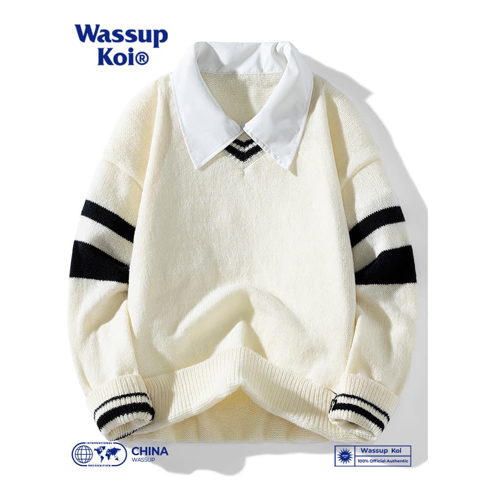 WASSUP KOI Estilo Preppy Cor Combinando Lapela Suéter Jaqueta Masculina Outono Inverno Quente Solto All-Match Suéter Int