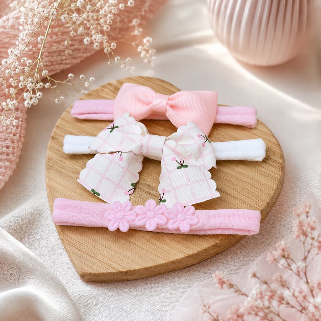 Kit 3 Tiaras meia de seda Faixas Bebê Confortável Elegante Leve Macio Cereja Xadrez Rosa Premium