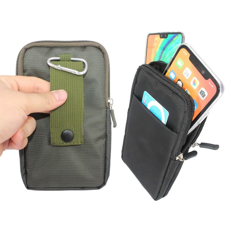 Saco de telefone móvel de pano de náilon usando cinto pendurado saco de cintura dupla camada zíper saco de meia-idade ma