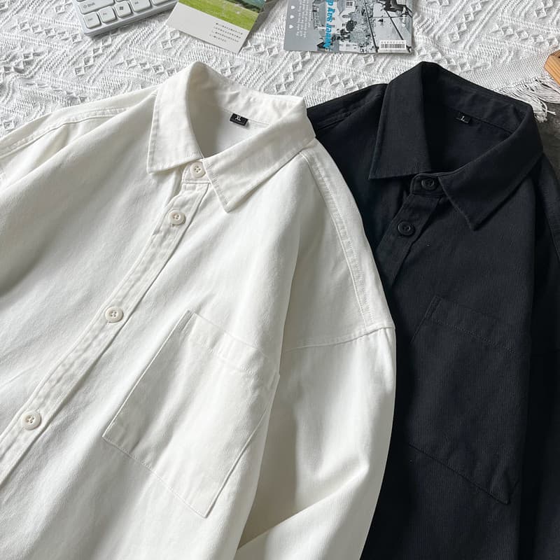 Camisa de manga comprida de cor sólida masculina outono estilo Hong Kong ins simples All-Match camisa solta estilo japon