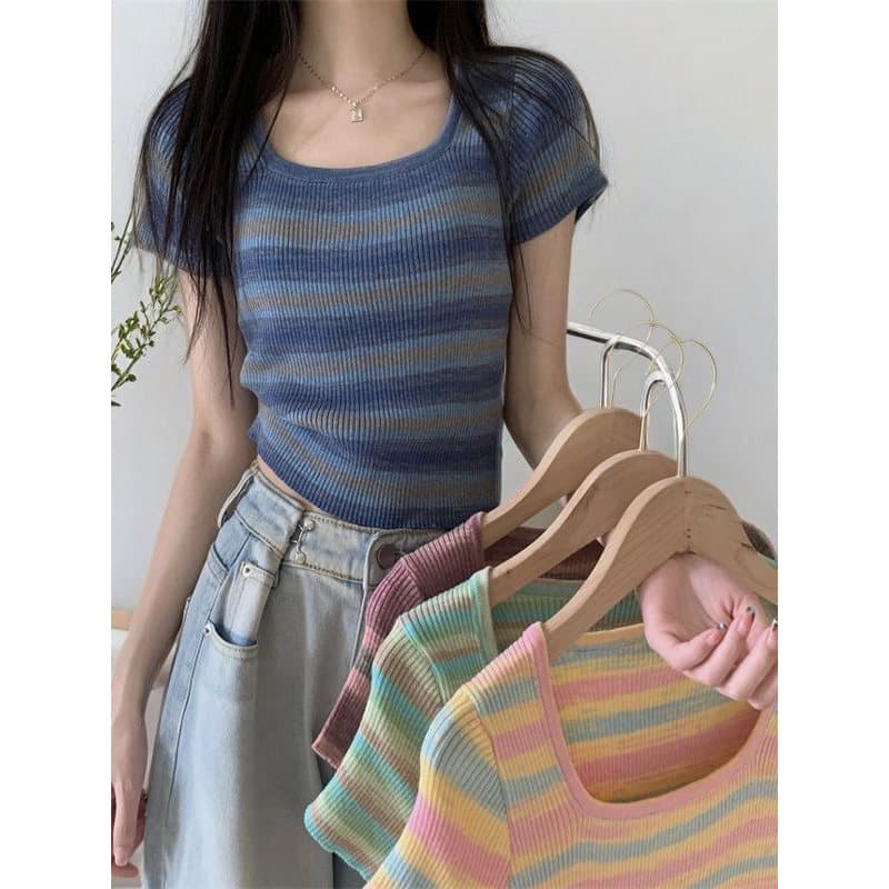 Doce quente menina contraste cor listrado pescoço quadrado malha manga curta feminino verão estilo coreano Design nicho