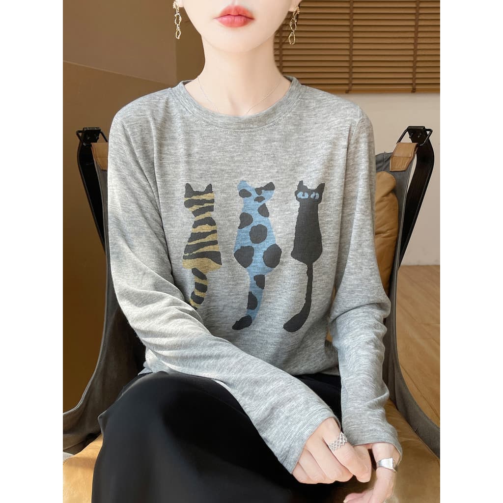 Outono novos produtos três gatos Tencel malha manga comprida camiseta solta pulôver suéter
