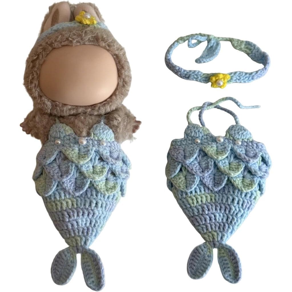 Roupas para Boneca Labubu - Sereia Azul, 2 peças de roupa de crochê feita à mão com faixa de cabelo e vestido, adorável