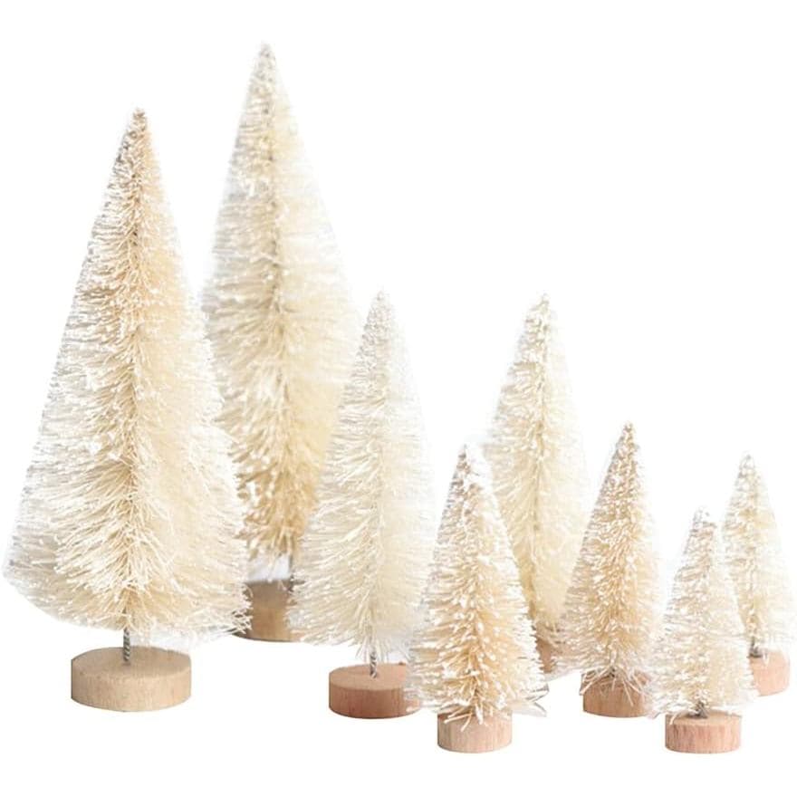 8 Peças de Mini Árvores de Natal Artificiais, Pequenas Árvores de Pinheiro Falsas com Efeito de Neve e Base de Madeira,