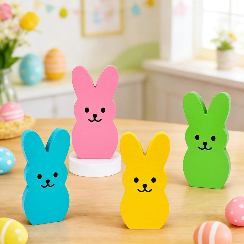 Decorações de Páscoa - 4 Peças de Coelhinhos de Madeira para Mesa de Casa, Placas Decorativas de Primavera para Centro d