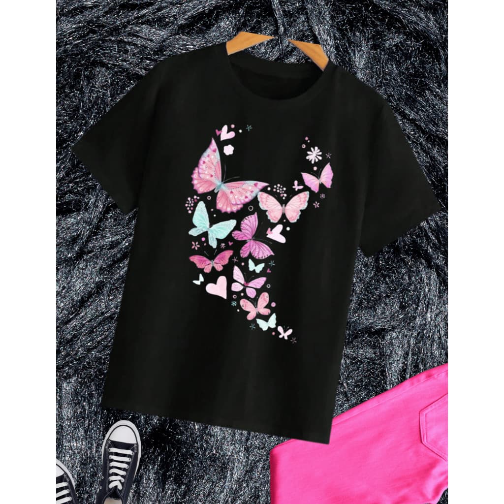 Blusinha infantil e juvenil menina, Borboletas Claras,100% algodão,Camiseta feminina,moda infantil Preta