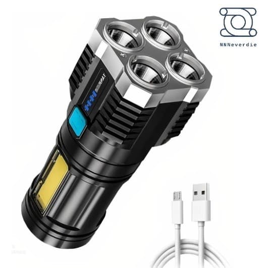 Lanterna LED Recarregável USB 4 LEDs Alta Potência Longo Alcance 500m 8100mAh 4 Modos Ultra Forte Camping Pesca Portátil