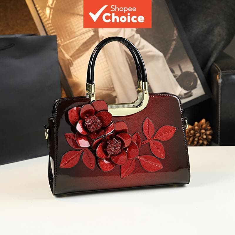 Elegante bolsa de mão floral de couro envernizado para mulheres, satchel com alça superior e tiracolo removível, bolsa