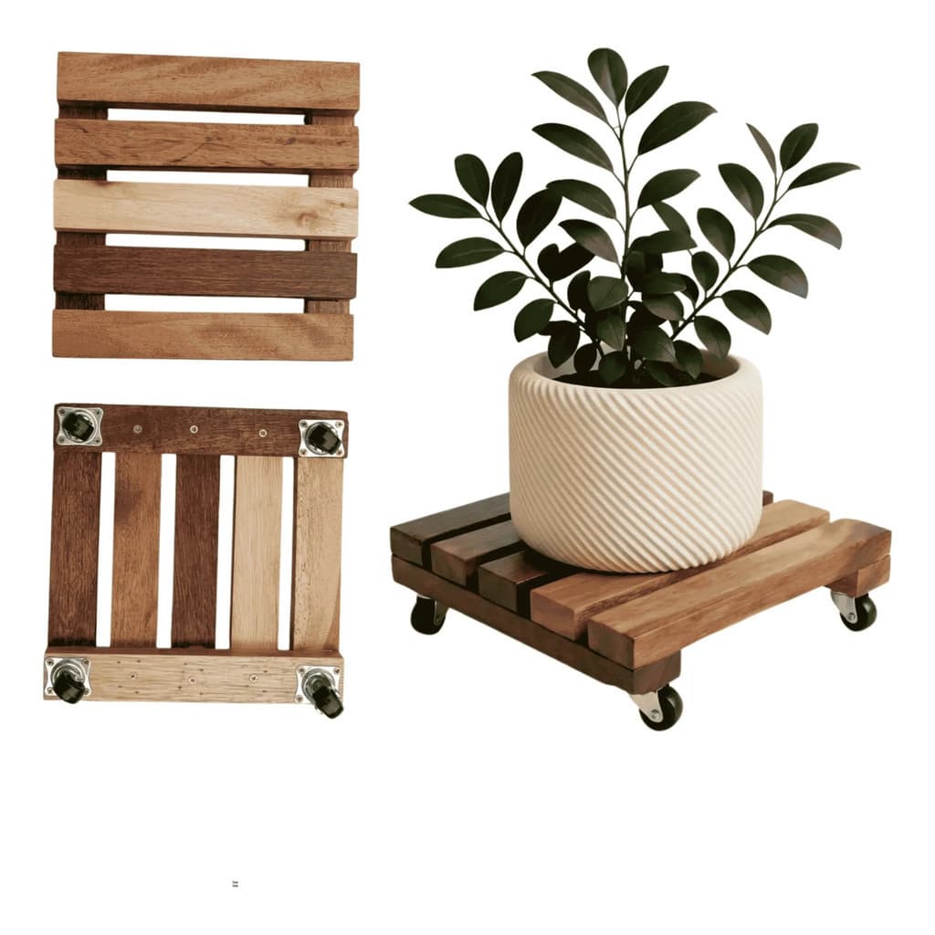 Kit 2 Suportes de Madeira Para Vasos Plantas Com Rodinhas Giratória Para Vaso De Planta, Botijão, Galão de água 25x25cm