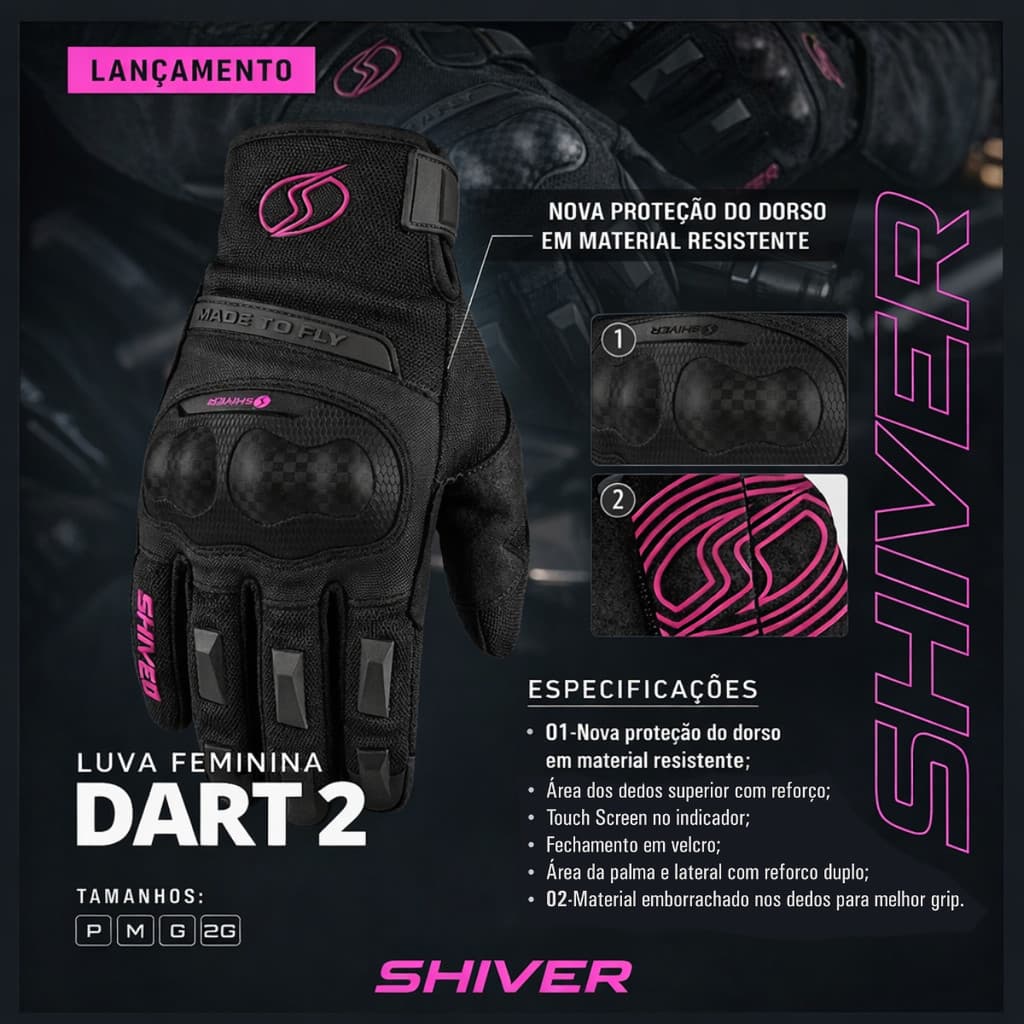 PAR LUVA MOTOQUEIRO DART 2 FEMININA COM PROTETOR PILOTO RACING TOUCH PRETO ROSA SHIVER LANÇAMENTO ESTILO X11