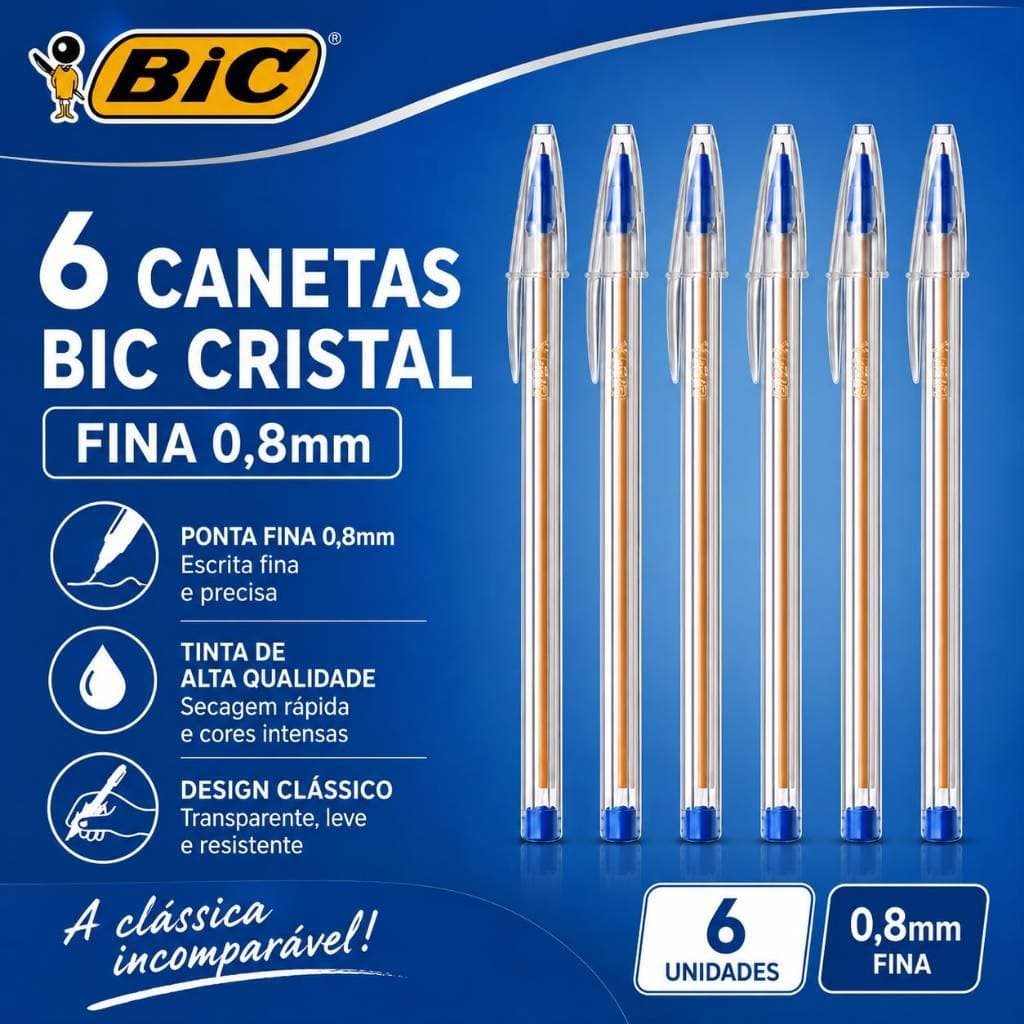 KIT 6 CANETAS BIC CRISTAL PONTA FINA AZUL 0,8mm CANETA ESFEROGRAFICA ESCOLAR/ESCRITORIO