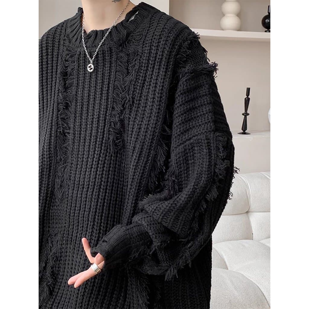 Americano rasgado borla camisola de malha masculina em torno do pescoço High Street outono inverno estilo preguiçoso sol