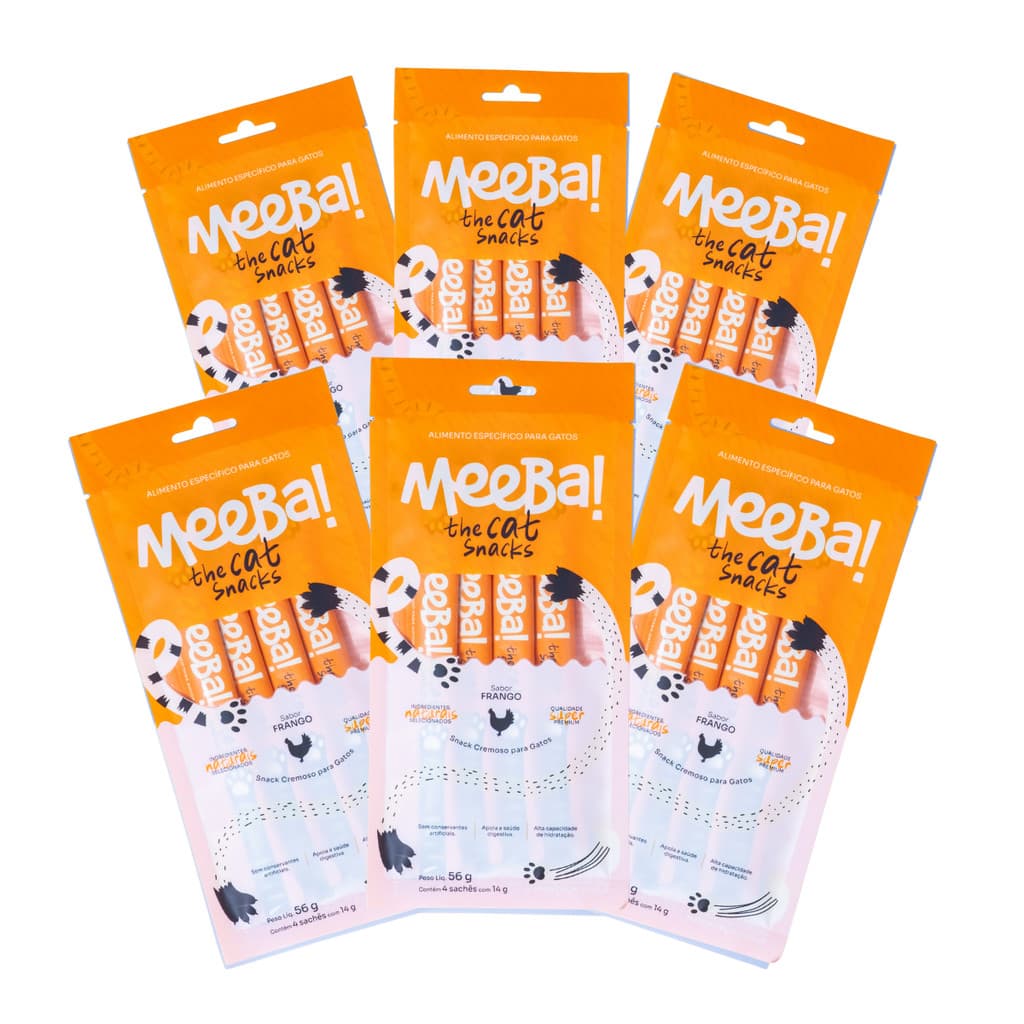 Kit 5 Petisco Úmido Para Gatos Snack Natural Cremoso Hidratação Frango 24 Sachê 14g MeeBa!