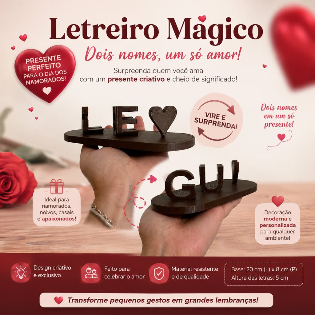 Letreiro Mágico Personalizado 3D Decorativo Casal -Nome Casal- Nome Duplo- Ilusão de Ótica Namorados