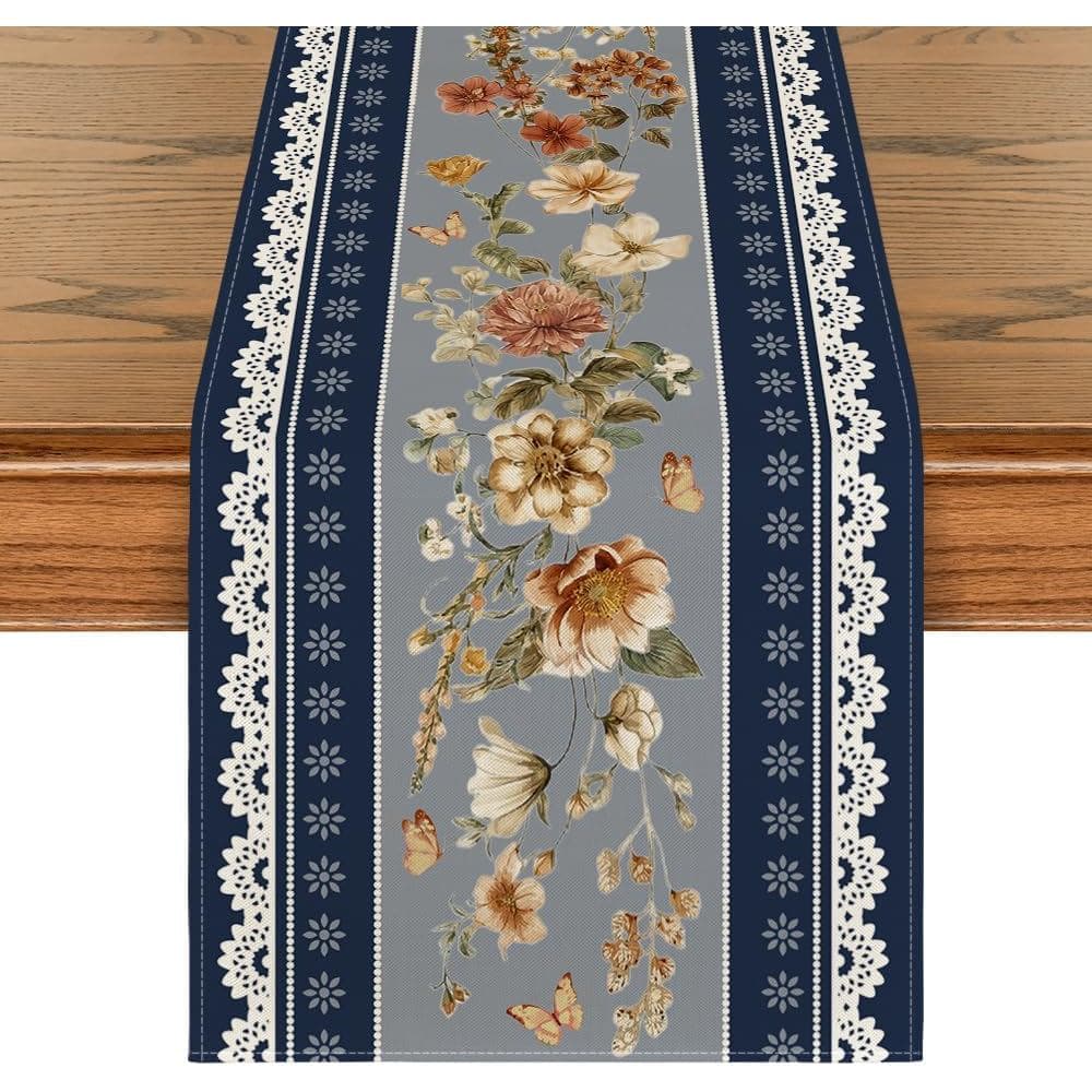 Toalha de mesa de outono com estampa azul flor de renda 210 GSM modo aróide, decoração de mesa de cozinha sazonal primav
