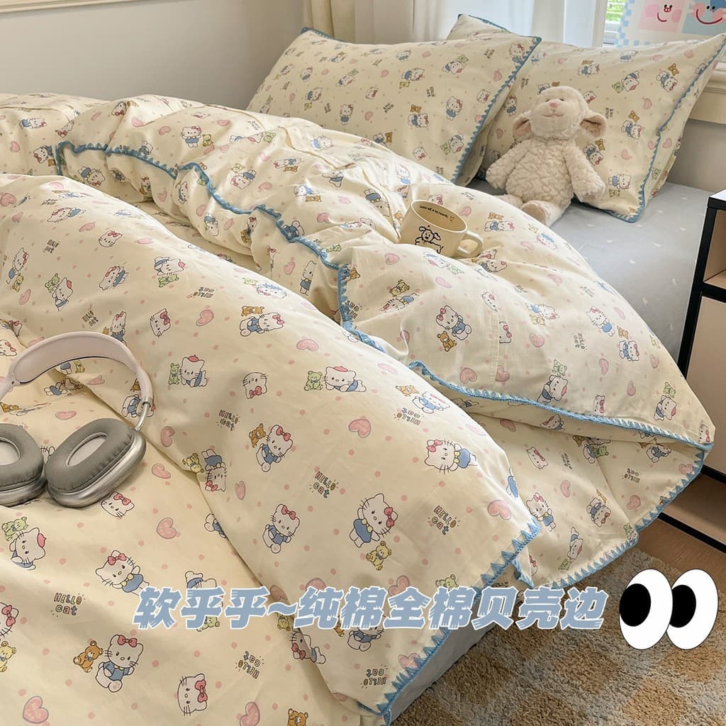 Ins Cartoon KT gato cama conjunto de quatro peças algodão puro crianças colcha capa folha dormitório conjunto de três pe
