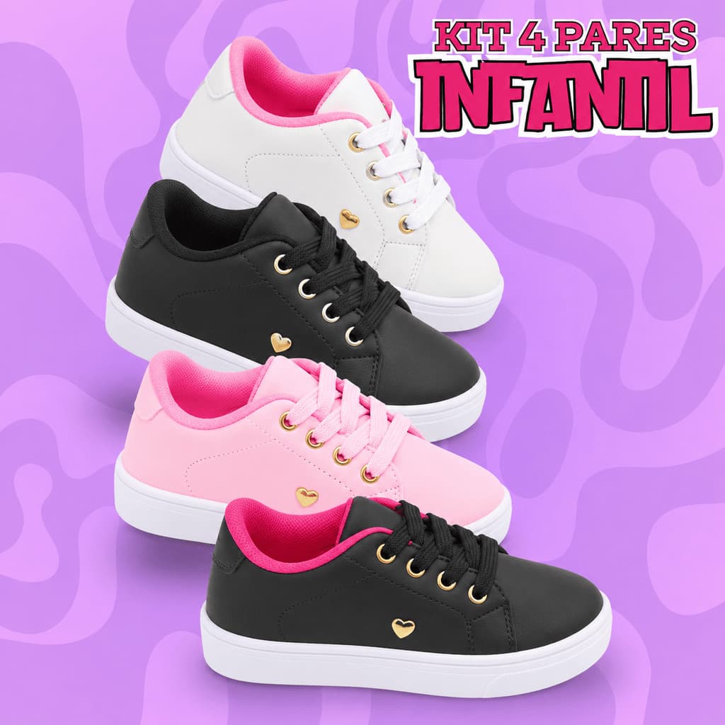 Kit 4 Tênis Infantil de Menina Casual Confortável e Leve Com Sola Antiderrapante Para Escola