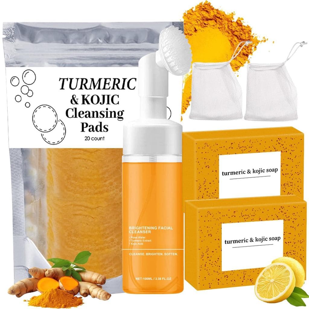 Conjunto de 4 Peças para Lavagem e Cuidado com Cúrcuma, Limpador Facial de Cúrcuma, Sabonete em Barra de Cúrcuma e Disco