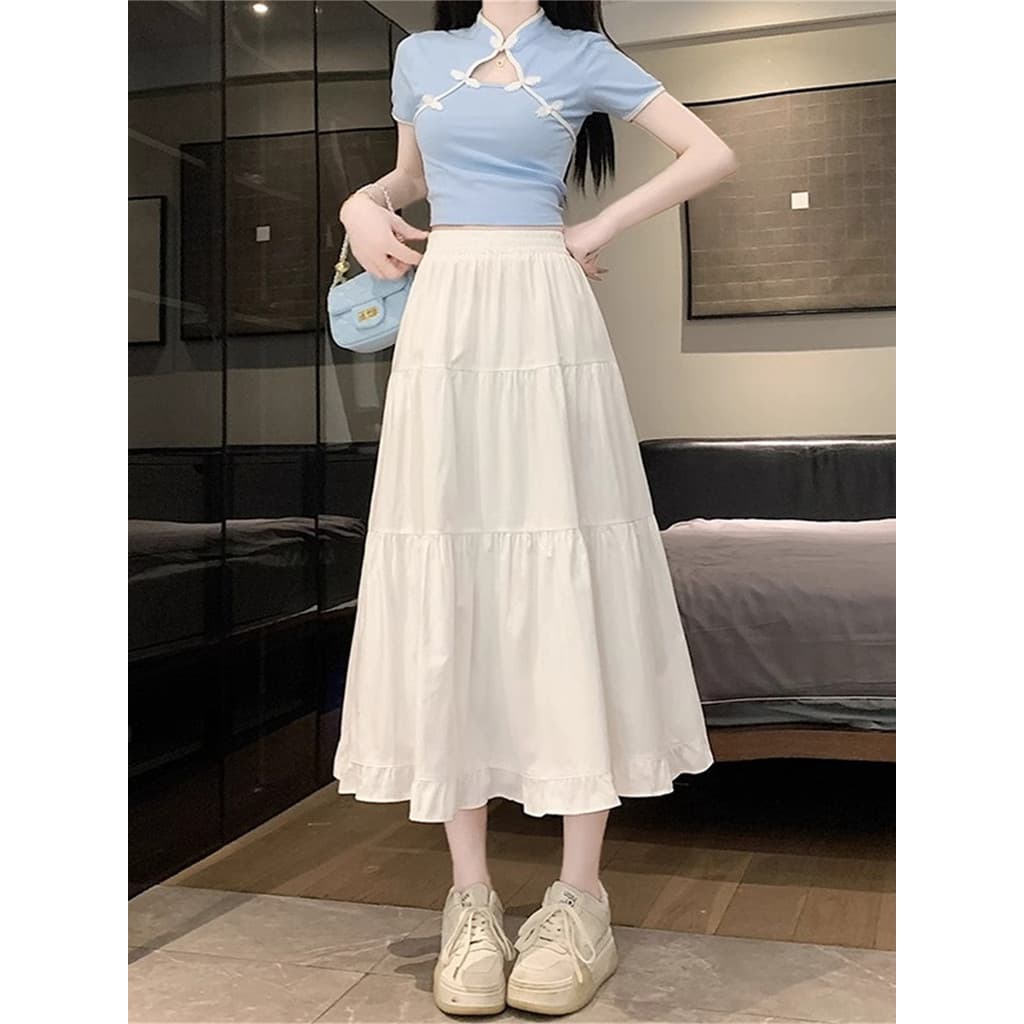 Saia branca feminina a linha verão fino novo estilo primavera outono francês cintura alta mais magro olhar Drape renda b