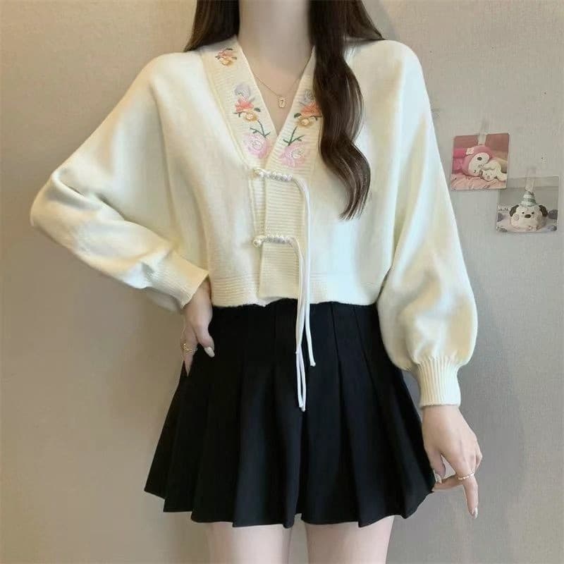 Novo estilo chinês estilo chinês botão de disco de manga comprida Cardigan de malha feminino outono novo estilo elegante