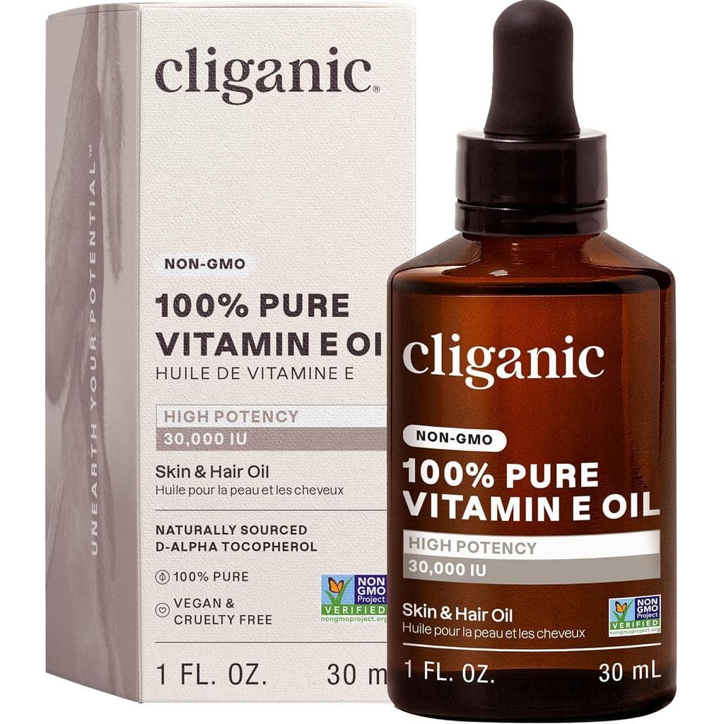 CliganicPureVitaminEOil para Cicatrizes, Cabelo e Rosto - 30.000 IU, Não-OGM Verificado | D-Alfa Tocoferol W6FN