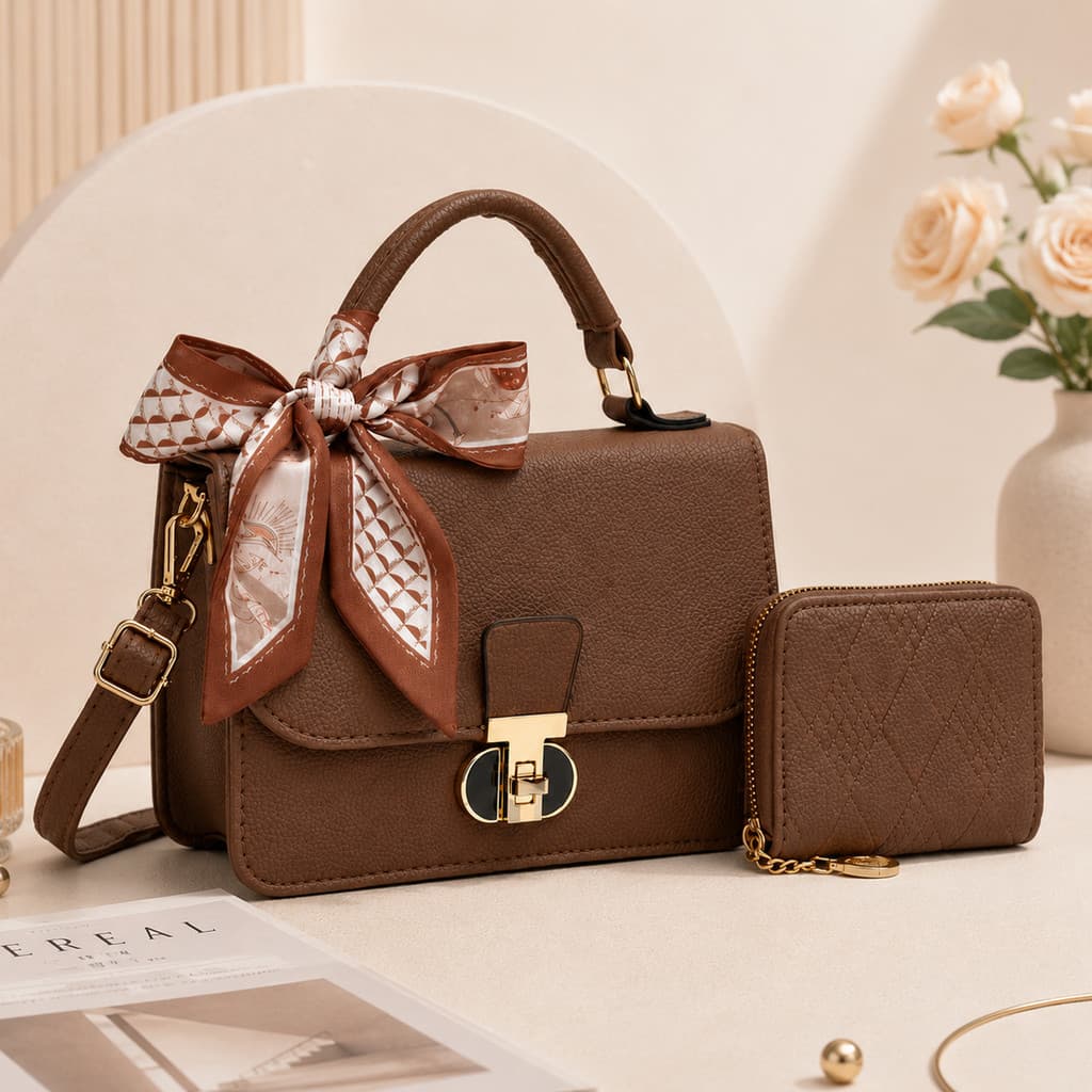 Bolsa Feminina Material Rígido Fecho Dourado Kit 3 Em 1 Alça Ajustavel Lenco Decorativo E Carteira Compacta
